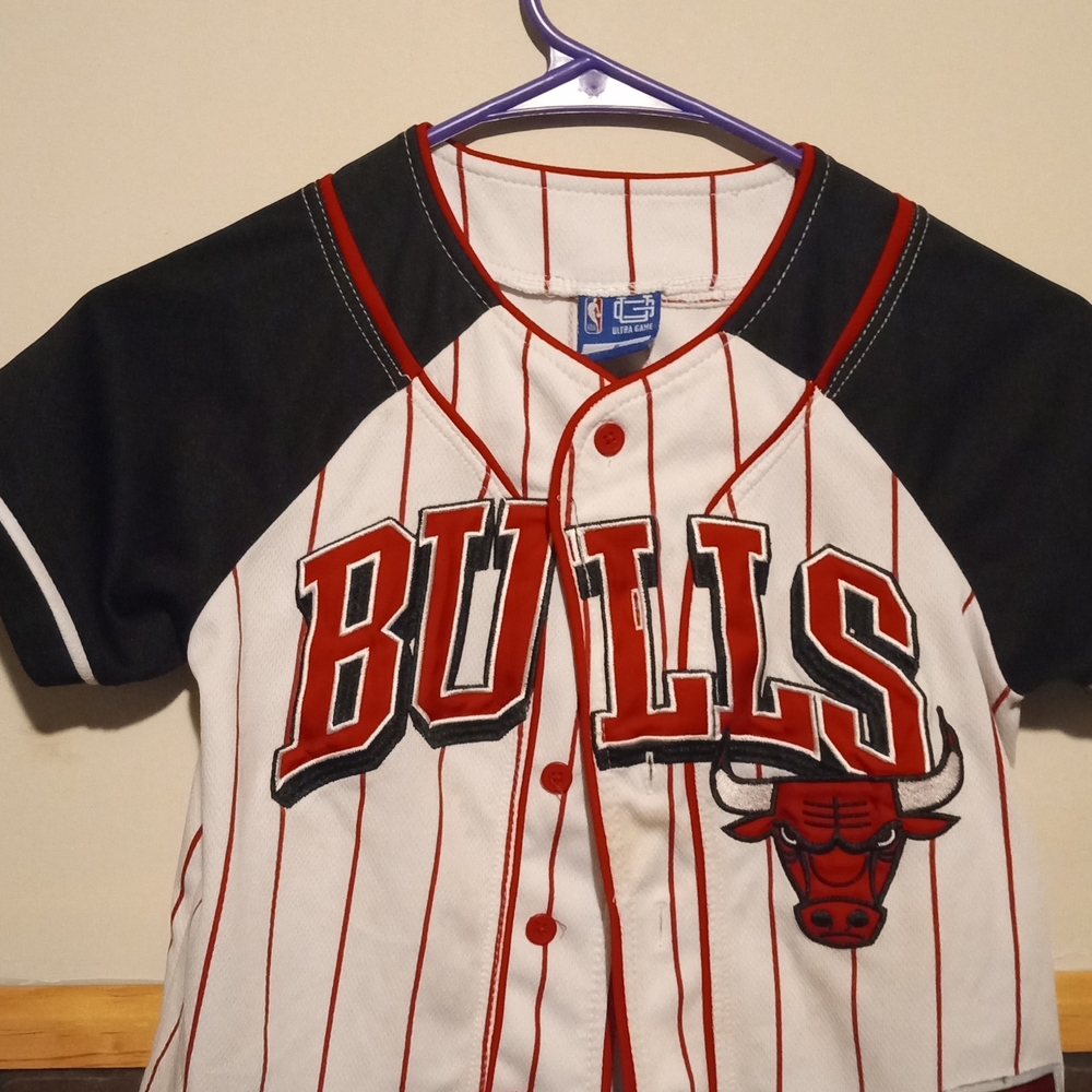 Youth Bulls Baseball Jersey - Black, Red, White